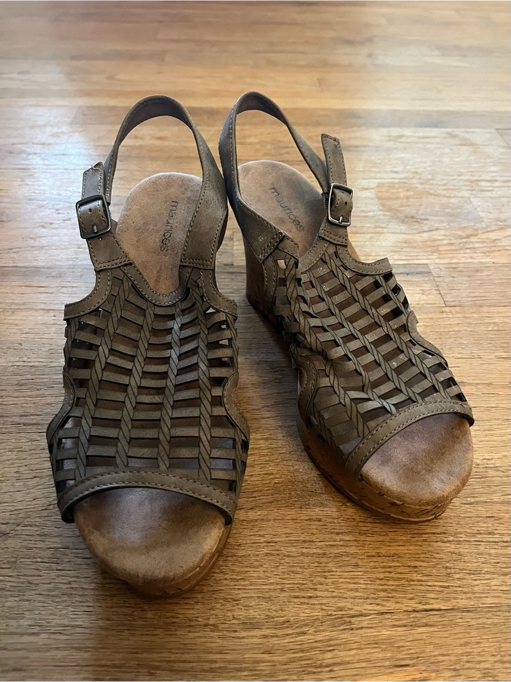 Maurices Olive Brown Braided Wedge Sandals